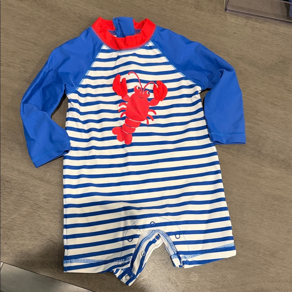 Blue and White Striped Baby Swim Romper with Lobster Design